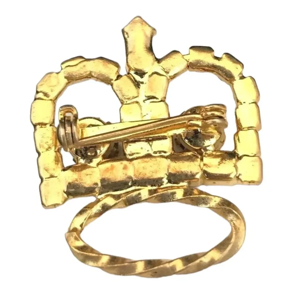 Vintage 1960s Gold Tone Crown Brooch Pink Clear Crystal Pin - 1I
